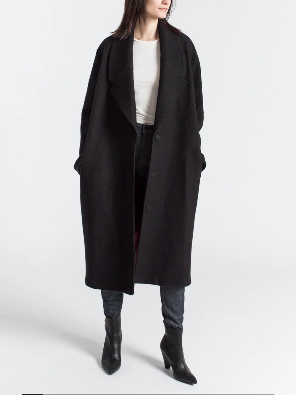Women's Black Long Trench Coat with Notched Lapel